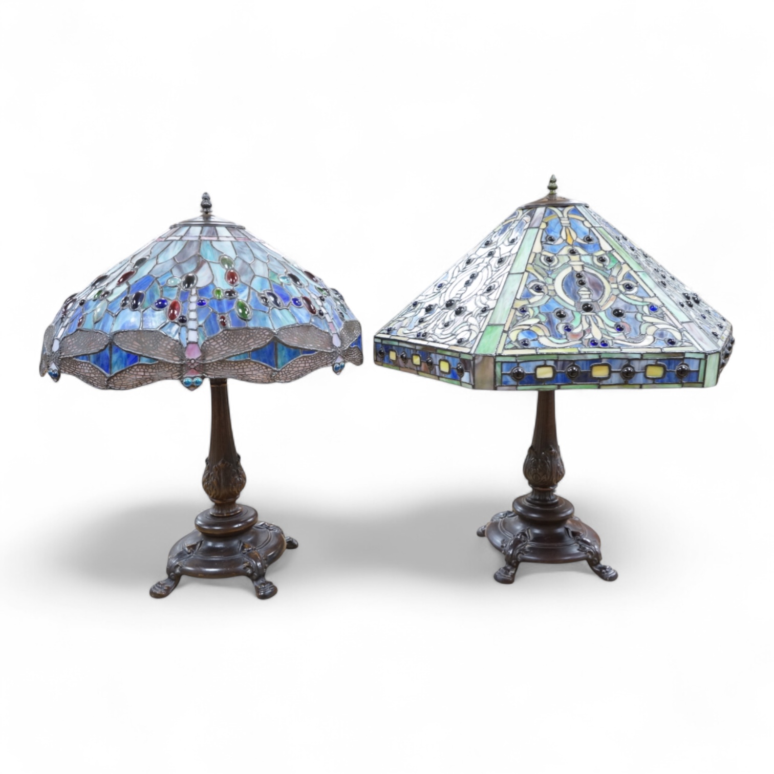 Two Tiffany style table lamps, with ornate glass and metal shades, tallest 72cm high